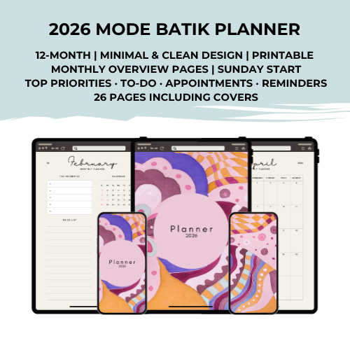 2026 Batik Monthly Planner | Minimalist Digital Calendar (PDF)